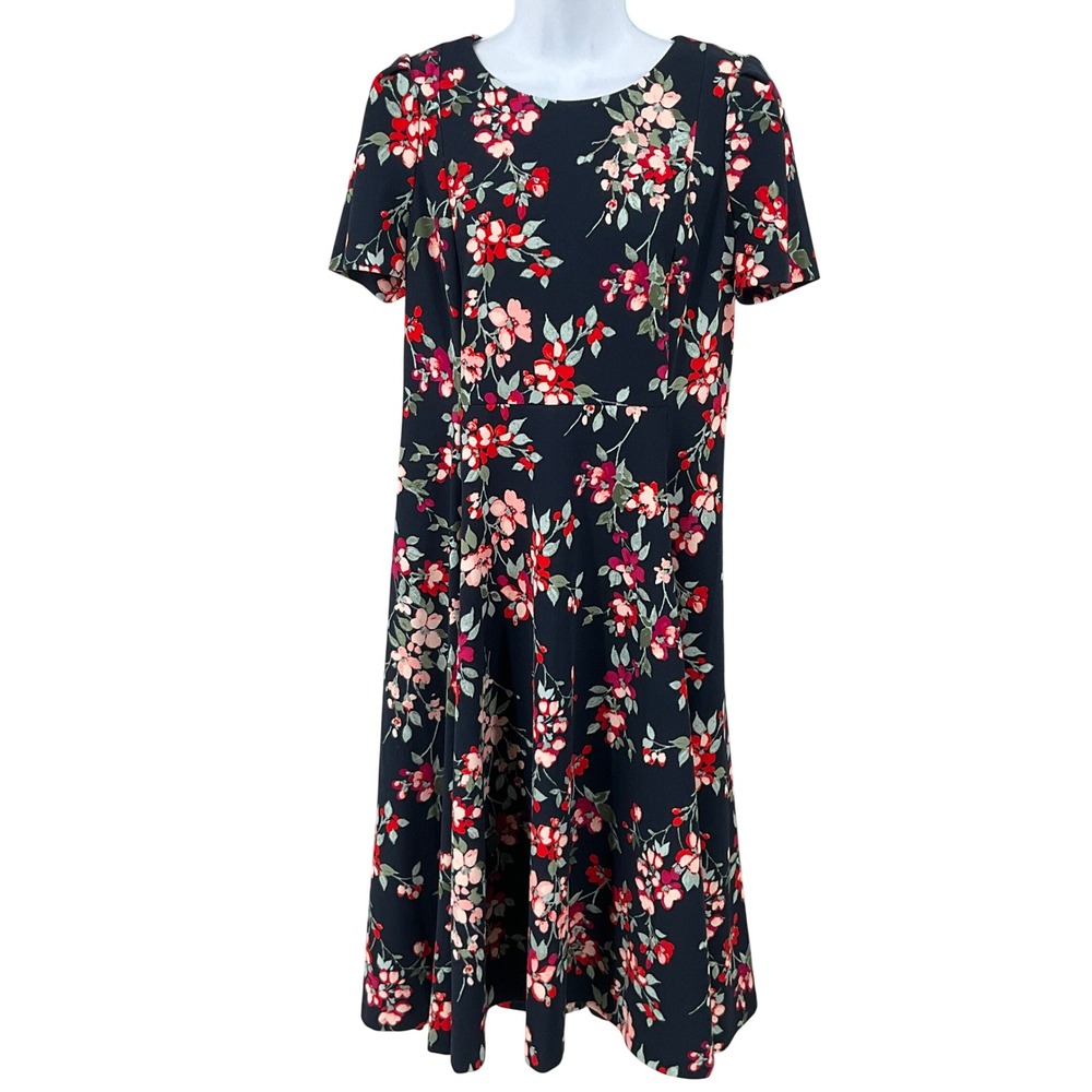 Calvin Klein Floral Midi Dress Womens 12 Navy Flowy A-Line Modest Office
